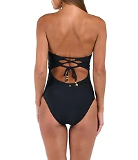 Sunshine '79 Solid Straight Neck Corset Binding Over Mesh Bandeau One Piece Swimsuit