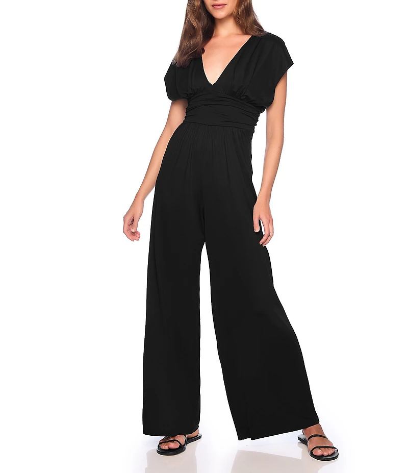 Susana Monaco Deep V-Neck Short Sleeve Wide-Leg Jumpsuit