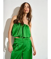 Susana Monaco Satin Bubble String Square Neck Sleeveless Coordinating Top