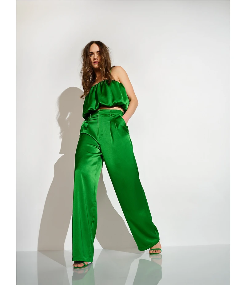 Susana Monaco Satin Pleated High Rise Wide Leg Coordinating Pants