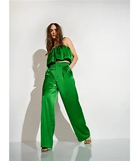 Susana Monaco Satin Pleated High Rise Wide Leg Coordinating Pants