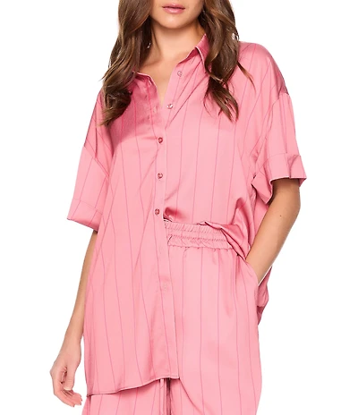 Susana Monaco Satin Stripe Print Button Collar Short Sleeve Coordinating Top