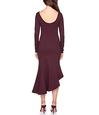 Susana Monaco Stretch Knit Boat Neck Long Sleeve Scoop Back Asymmetrical Hemline Midi Dress