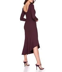 Susana Monaco Stretch Knit Boat Neck Long Sleeve Scoop Back Asymmetrical Hemline Midi Dress