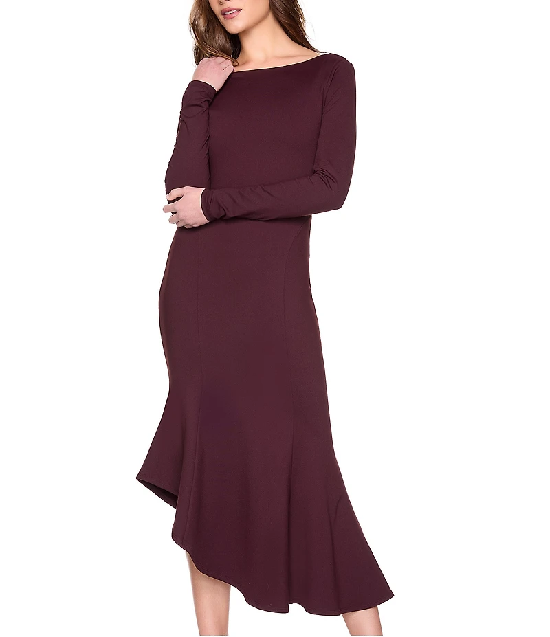 Susana Monaco Stretch Knit Boat Neck Long Sleeve Scoop Back Asymmetrical Hemline Midi Dress