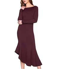 Susana Monaco Stretch Knit Boat Neck Long Sleeve Scoop Back Asymmetrical Hemline Midi Dress