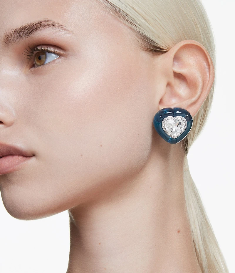 Swarovski Dulcis Heart Cut Pav Blue Heart Clip Stud Earrings