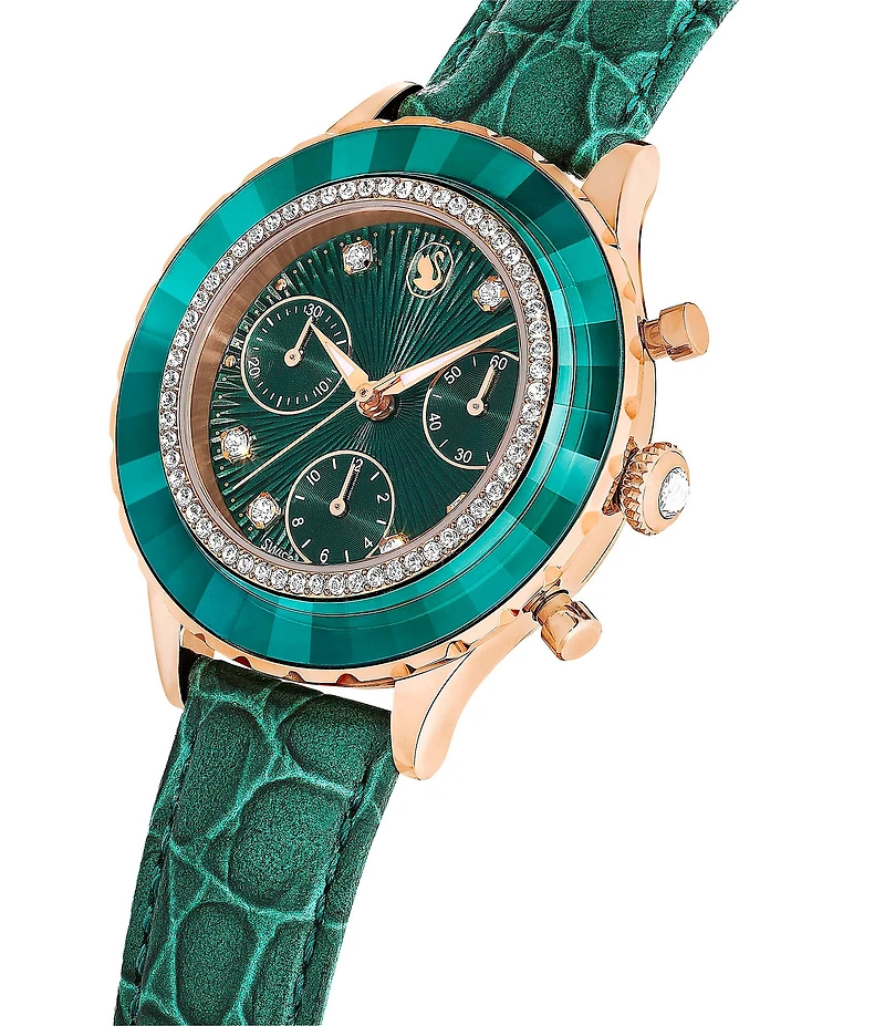Swarovski Women's Octea Crystal Chronograph Green Leather Croco Strap Watch