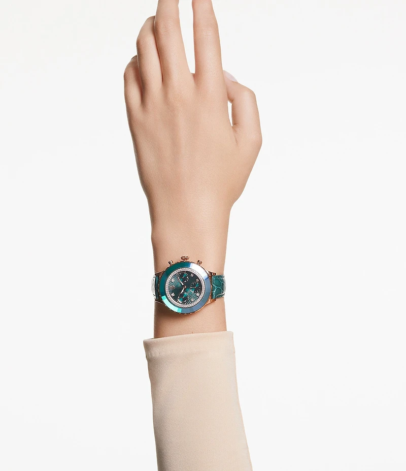 Swarovski Women's Octea Crystal Chronograph Green Leather Croco Strap Watch
