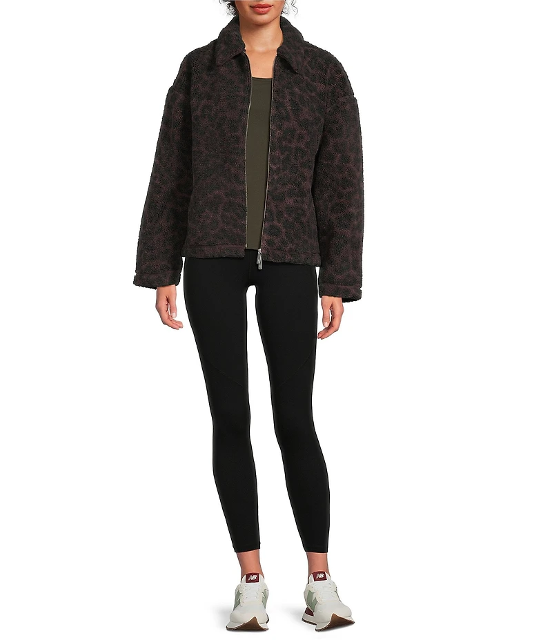 Sweaty Betty Animal Print Plush Collard Neckline Long Sleeve Fleece Jacket
