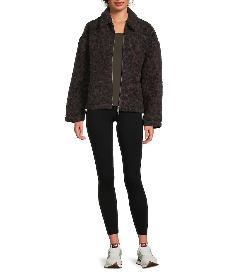 Sweaty Betty Animal Print Plush Collard Neckline Long Sleeve Fleece Jacket