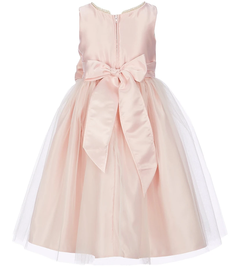 Sweet Kids Little Girls Sleeveless Dull Satin Pearl Trim Bow Detail Tulle Tea Dress