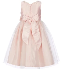 Sweet Kids Little Girls Sleeveless Dull Satin Pearl Trim Bow Detail Tulle Tea Dress