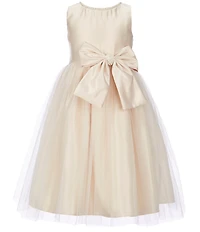 Sweet Kids Little Girls Sleeveless Dull Satin Pearl Trim Bow Detail Tulle Tea Dress