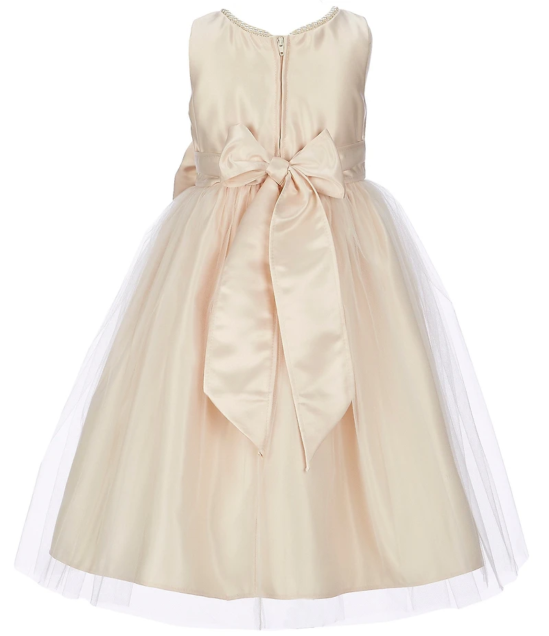 Sweet Kids Little Girls Sleeveless Dull Satin Pearl Trim Bow Detail Tulle Tea Dress