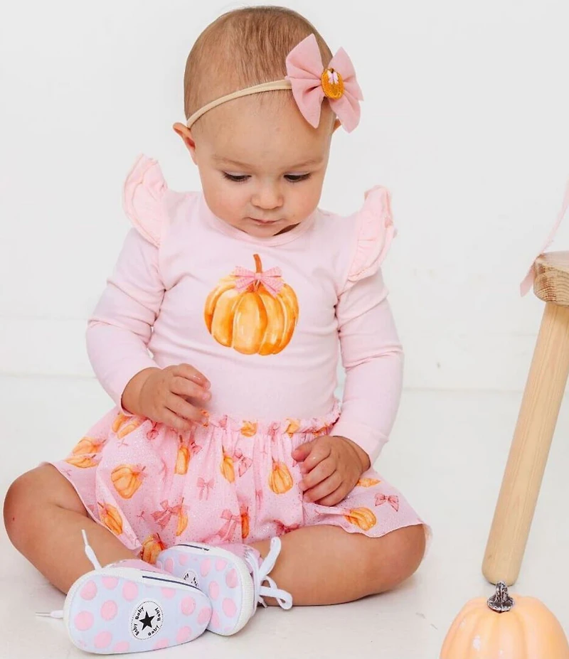Sweet Wink Baby Girls Long-Sleeve Solid/Coquette Pumpkin/Bow-Printed Tulle Tutu-Skirted Bodysuit