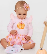 Sweet Wink Baby Girls Long-Sleeve Solid/Coquette Pumpkin/Bow-Printed Tulle Tutu-Skirted Bodysuit