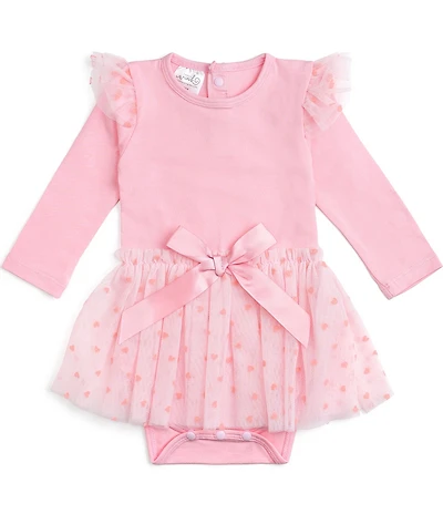 Sweet Wink Baby Girls Valentine's Day Long Sleeve Solid Knit/Flocked-Heart Mesh-Tutu-Skirted Bodysuit