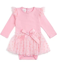 Sweet Wink Baby Girls Valentine's Day Long Sleeve Solid Knit/Flocked-Heart Mesh-Tutu-Skirted Bodysuit