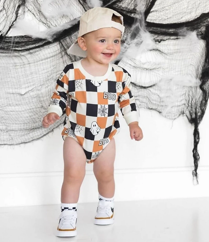 Sweet Wink Baby Long-Sleeve Halloween-Themed Checked Bodysuit