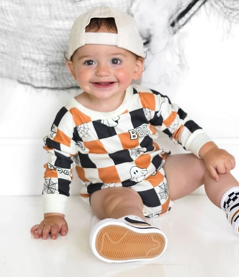 Sweet Wink Baby Long-Sleeve Halloween-Themed Checked Bodysuit