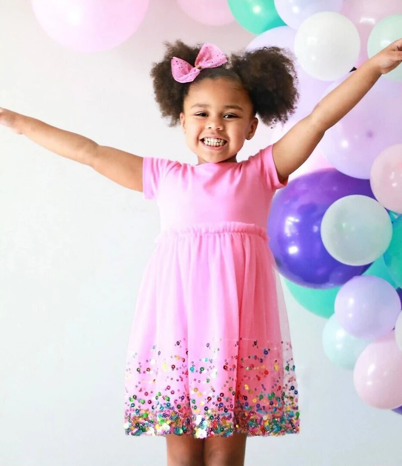 Sweet Wink Little Girls Short Sleeve Solid-Bodice/Confetti Sequined Tutu Dress