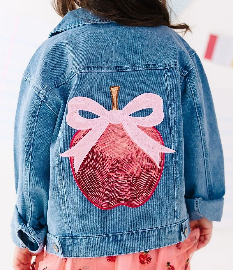 Sweet Wink Little Girls Apple Bow Sequin Patch Denim Jacket
