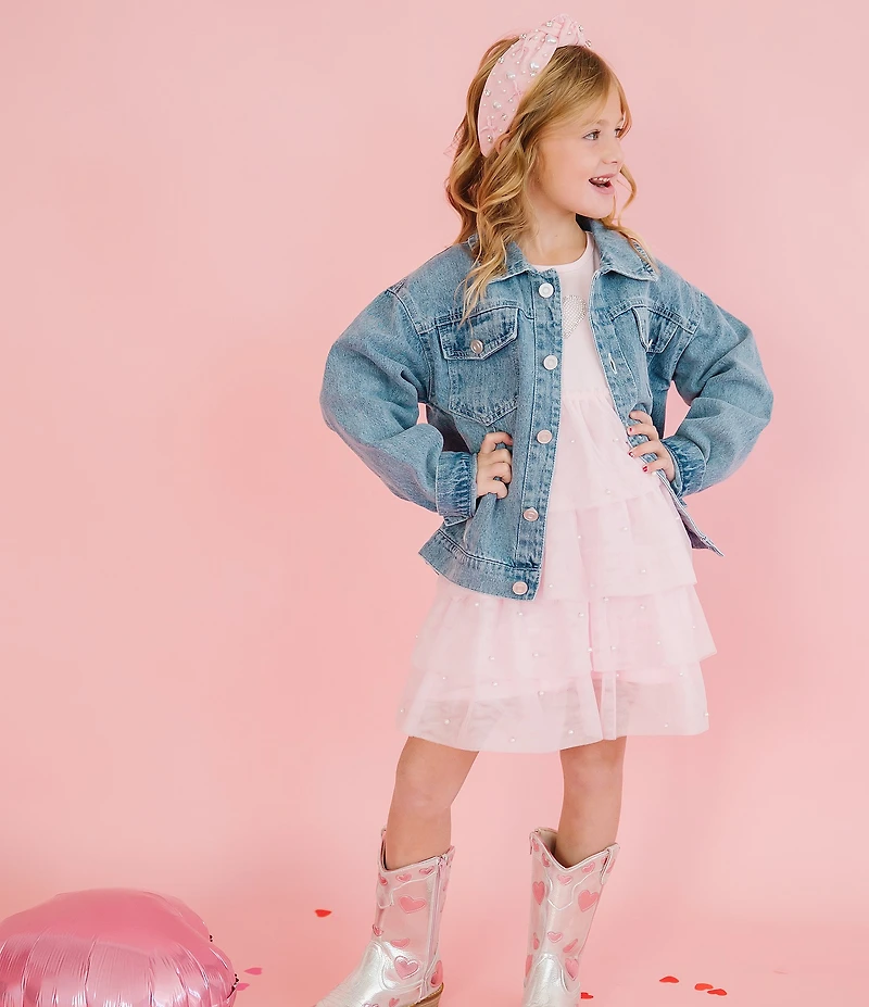 Sweet Wink Little Girls Long Sleeve Faux-Pearl-Embellished Heart-Patch Denim Jacket