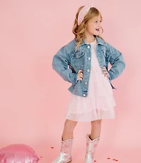 Sweet Wink Little Girls Long Sleeve Faux-Pearl-Embellished Heart-Patch Denim Jacket