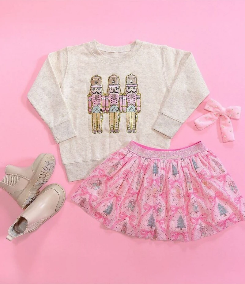Sweet Wink Little Girls Long Sleeve Pastel Nutcracker Patch Christmas Sweatshirt