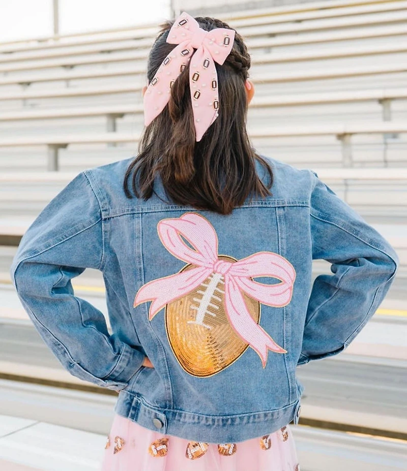 Sweet Wink Little Girls Sequin Football & Bow Patch Denim Jacket