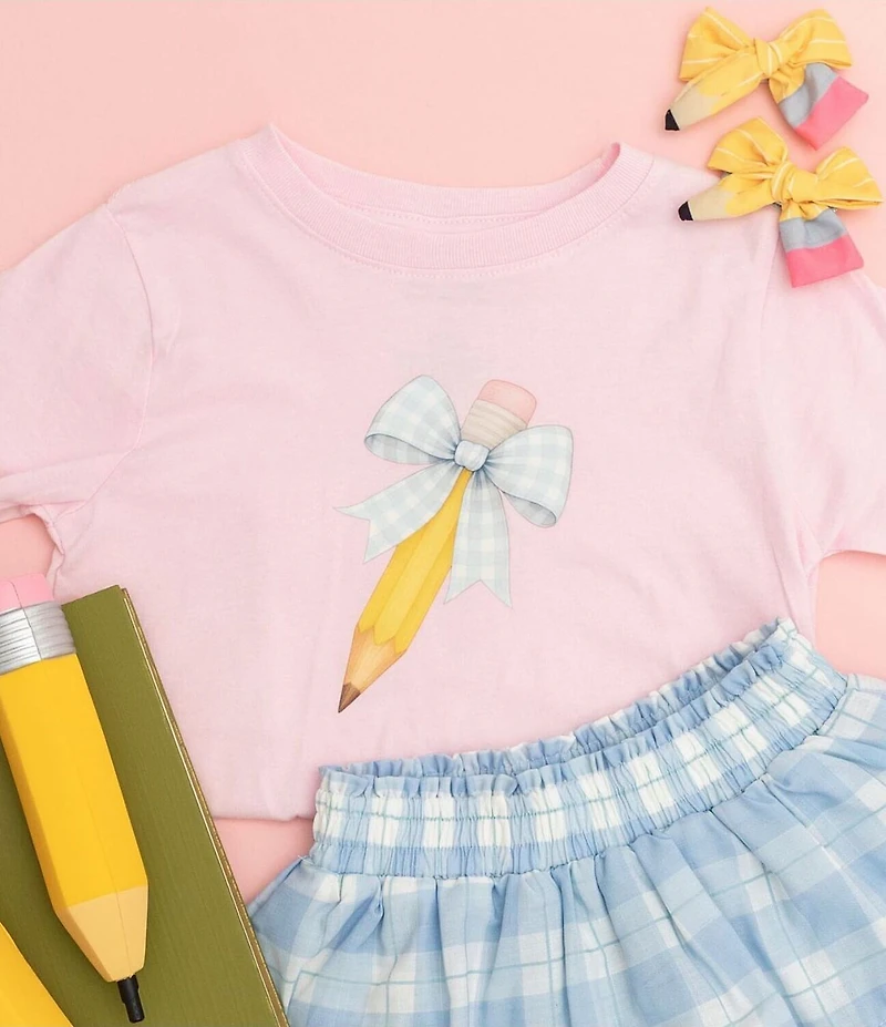 Sweet Wink Little Girls Short Sleeve Blue Plaid Pencil Bow T-Shirt