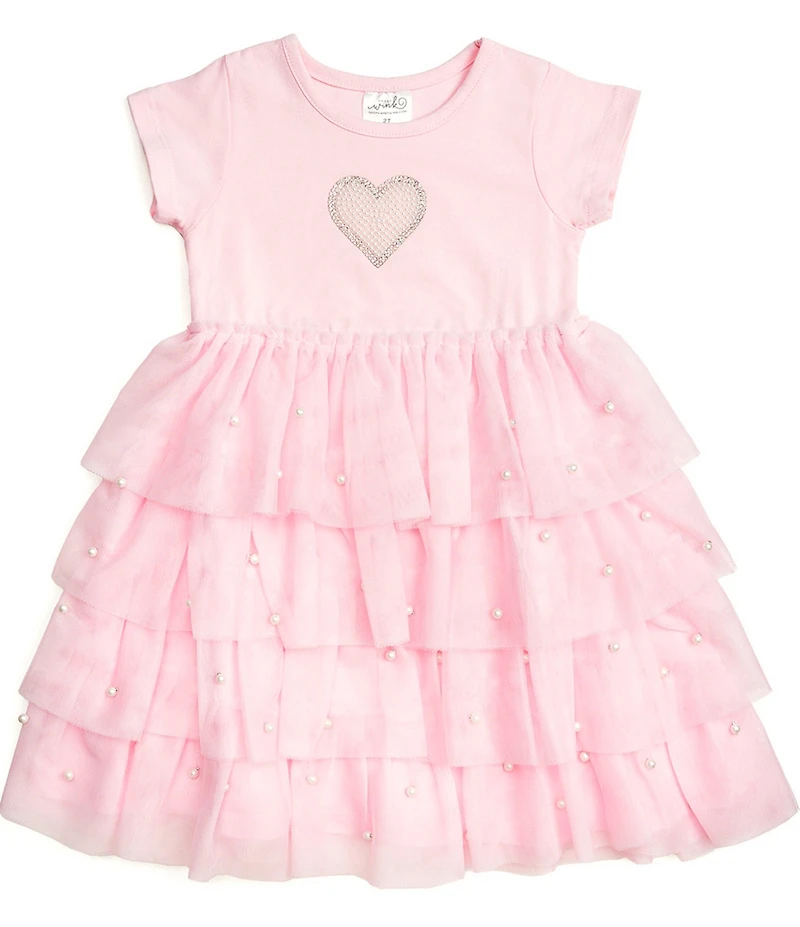 Sweet Wink Little Girls Short Sleeve Faux-Pearl-Heart-Accented/Tulle-Skirted Fit-And-Flare Dress