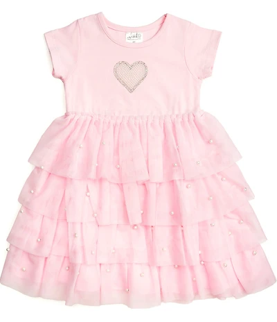 Sweet Wink Little Girls Short Sleeve Faux-Pearl-Heart-Accented/Tulle-Skirted Fit-And-Flare Dress
