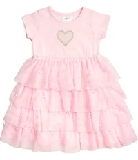 Sweet Wink Little Girls Short Sleeve Faux-Pearl-Heart-Accented/Tulle-Skirted Fit-And-Flare Dress