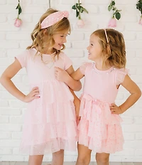 Sweet Wink Little Girls Short Sleeve Faux-Pearl-Heart-Accented/Tulle-Skirted Fit-And-Flare Dress
