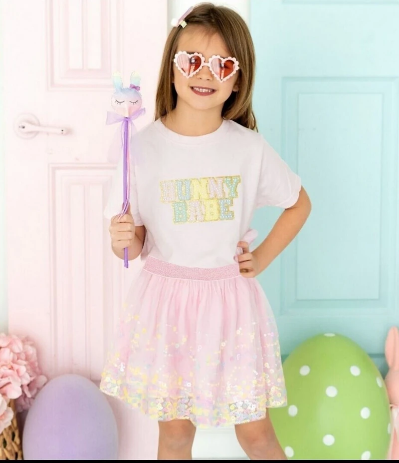 Sweet Wink Little/Big Girls Short Sleeve Easter Bunny Babe Patch Easter T-Shirt