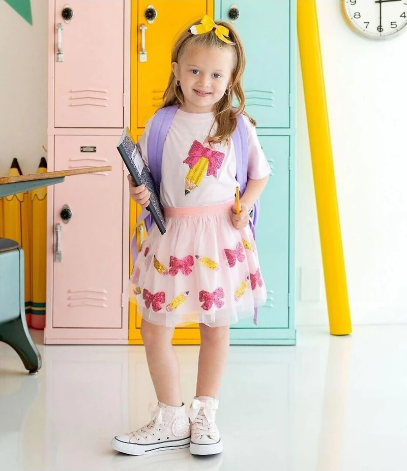 Sweet Wink Little/Big Girls Short Sleeve Pencil Bow Sequin Patch T-Shirt