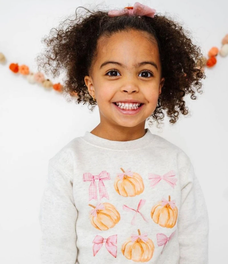 Sweet Wink Little Girls Long-Sleeve Coquette Pumpkin/Bow Printed Sweatshirt