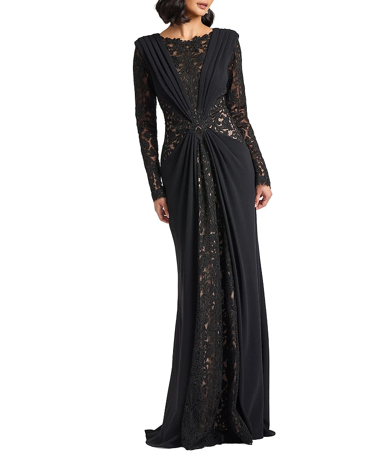 Tadashi Shoji Embroidered Lace Crepe Long Sleeve Crew Neck Sheath Gown