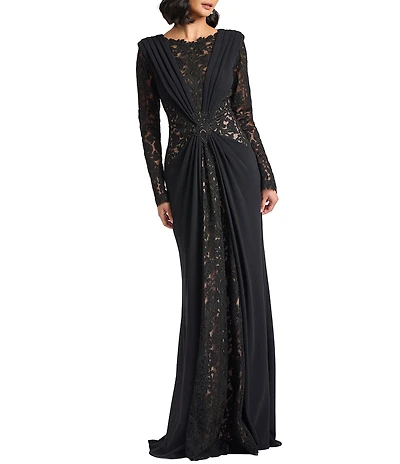 Tadashi Shoji Embroidered Lace Crepe Long Sleeve Crew Neck Sheath Gown
