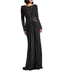 Tadashi Shoji Embroidered Lace Crepe Long Sleeve Crew Neck Sheath Gown