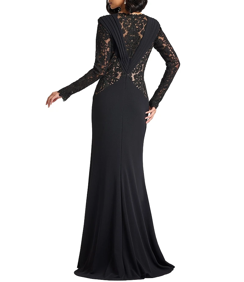Tadashi Shoji Embroidered Lace Crepe Long Sleeve Crew Neck Sheath Gown