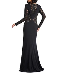 Tadashi Shoji Embroidered Lace Crepe Long Sleeve Crew Neck Sheath Gown