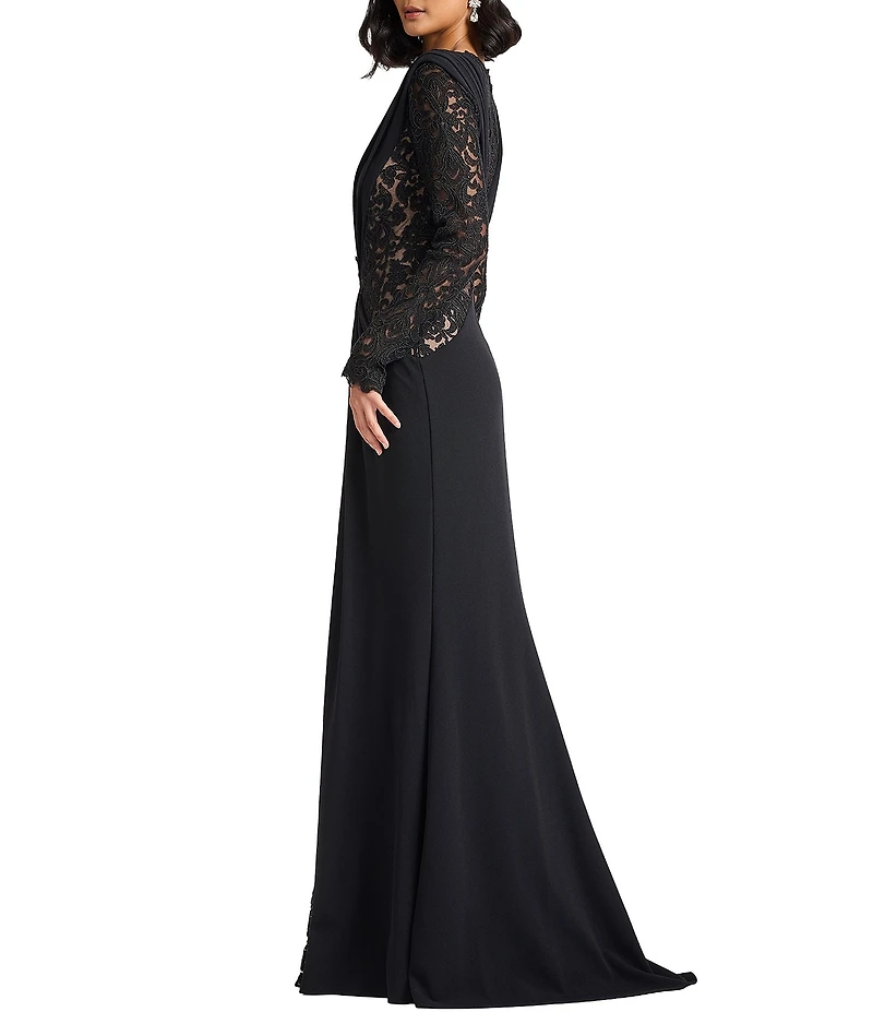 Tadashi Shoji Embroidered Lace Crepe Long Sleeve Crew Neck Sheath Gown