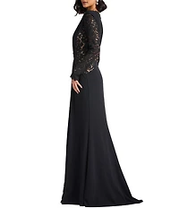 Tadashi Shoji Embroidered Lace Crepe Long Sleeve Crew Neck Sheath Gown