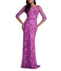 Tadashi Shoji 3/4 Sleeve Belted Embroidered Lace Gown