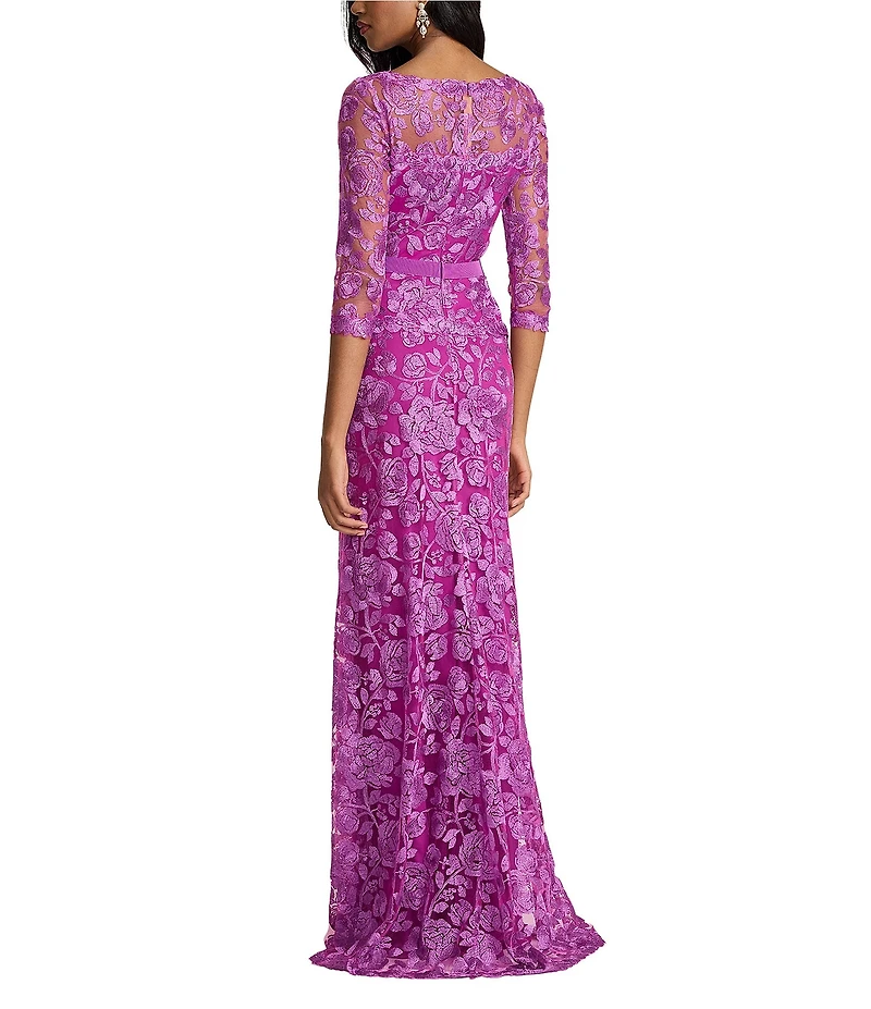 Tadashi Shoji 3/4 Sleeve Belted Embroidered Lace Gown