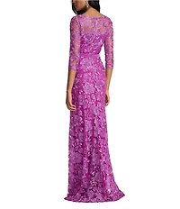 Tadashi Shoji 3/4 Sleeve Belted Embroidered Lace Gown