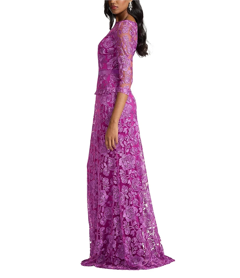 Tadashi Shoji 3/4 Sleeve Belted Embroidered Lace Gown